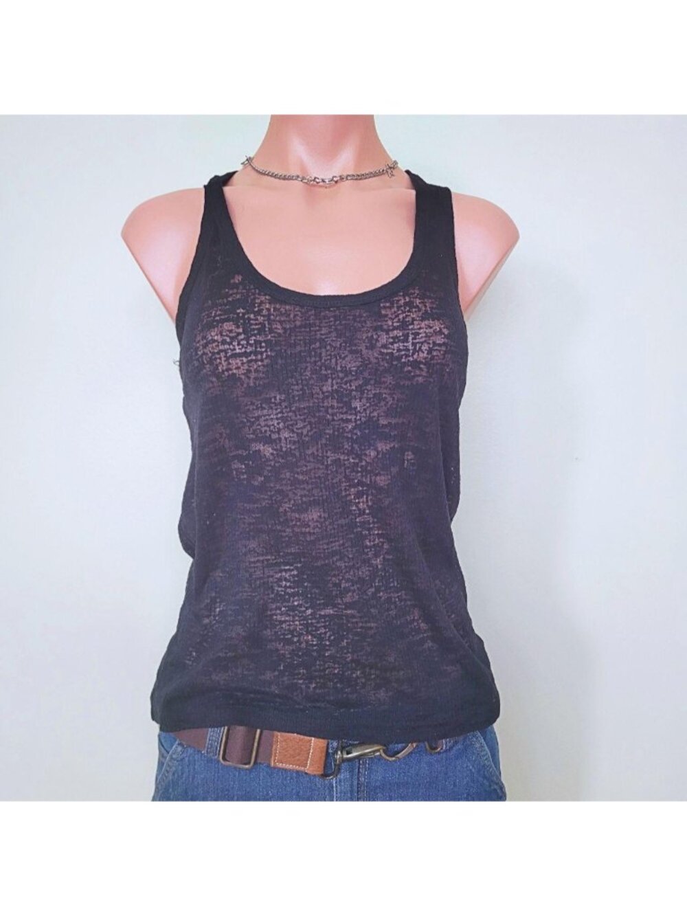 Grunge Black Sheer Mesh Lace Intricate Panel Cami Tank Top (One Size)